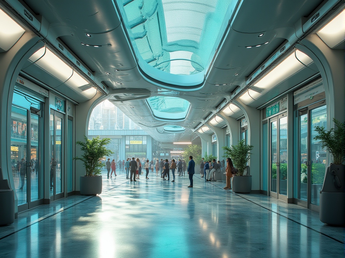 Prompt: Futuristic bus station, sleek modern architecture, curved lines, metallic materials, glass façade, LED lights, holographic displays, electronic ticketing system, automated doors, spacious interior, comfortable seating areas, green walls, natural ventilation, cityscape background, busy streets, urban atmosphere, daytime, soft lighting, 3/4 composition, symmetrical balance.