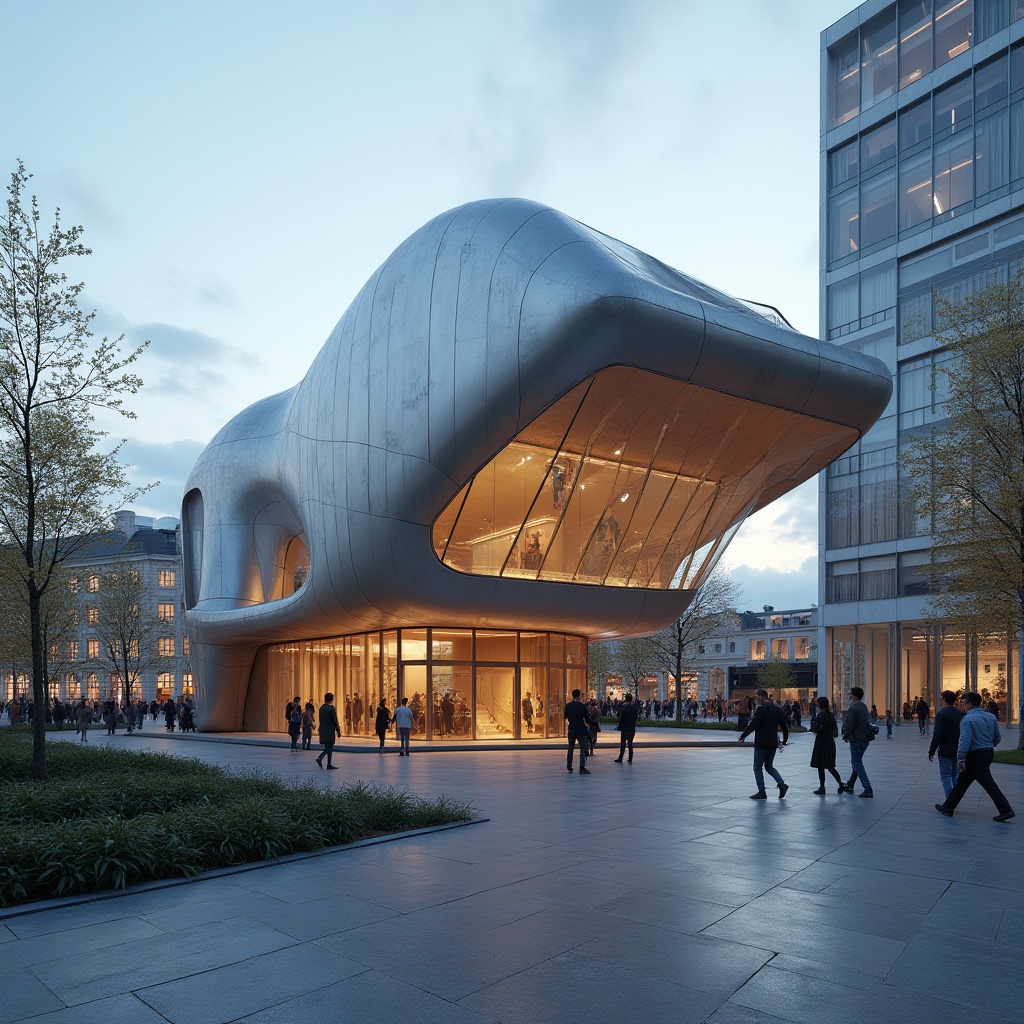 Prompt: Futuristic pavilion, Bauhaus style, geometric shapes, minimalist design, steel structure, glass walls, cantilevered roof, angular lines, functional simplicity, modern materials, metallic texture, reflective surface, urban landscape, city square, evening atmosphere, warm lighting, pedestrian traffic, people interacting, 3/4 composition, low-angle shot, cinematic mood.