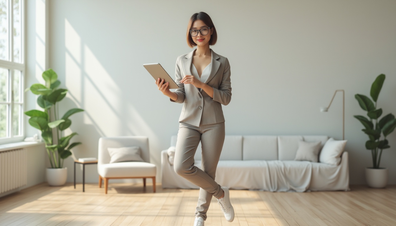 Prompt: Modern designer, stylish outfit, black framed glasses, short hair, minimal makeup, fit physique, standing, holding a tablet, balancing act, one leg bent, another straight, studio background, wooden floor, white walls, large windows, natural light, green plants, sleek furniture, 3/4 composition, softbox lighting, shallow depth of field, pastel colors, minimalist style.