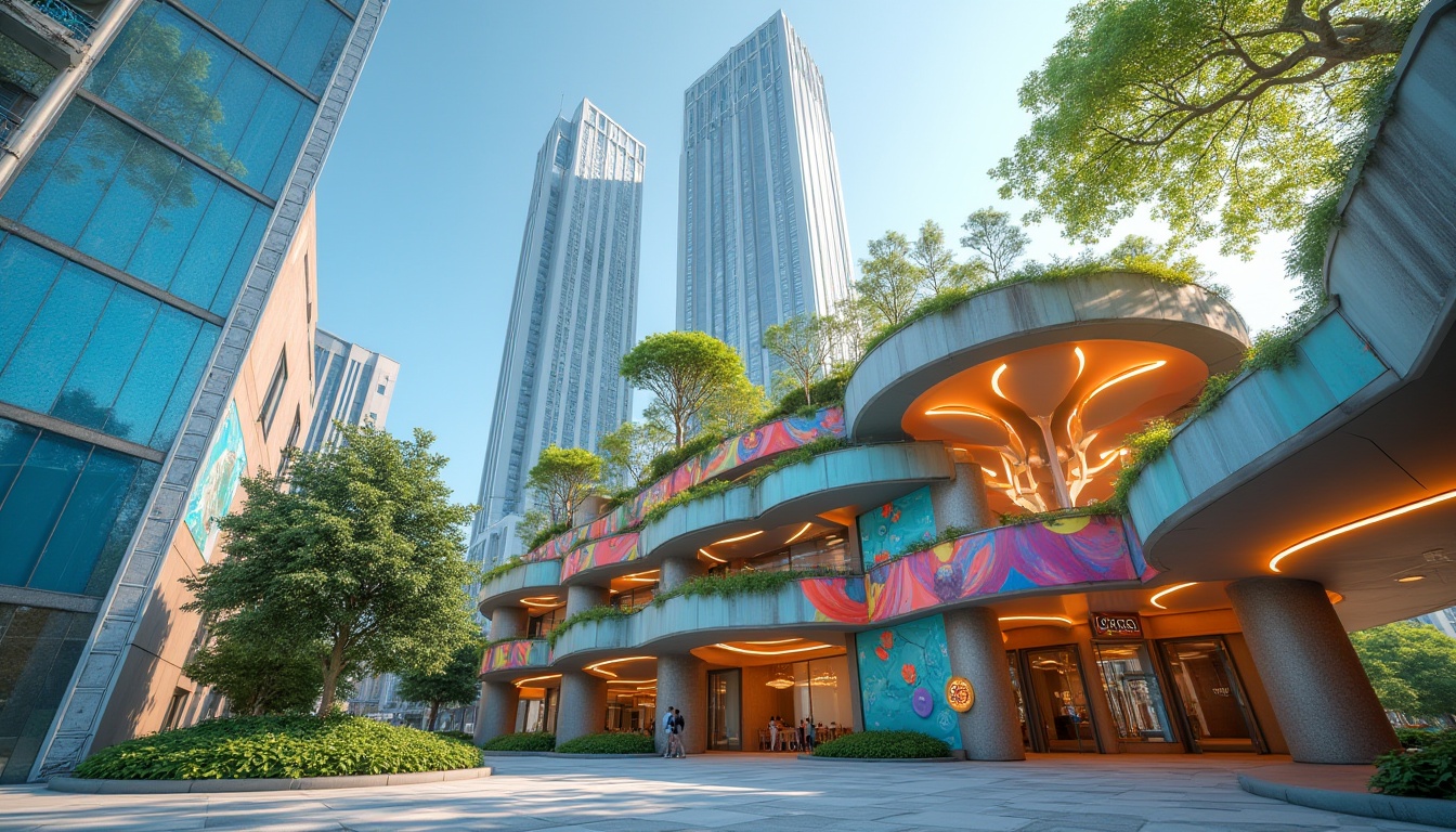 Prompt: Colorful modern architecture, vibrant cityscape, urban building, bright facade, gradient blue glass wall, sleek silver metal frame, warm beige stone column, lush green rooftop garden, abstract mural artwork, dynamic LED lighting, futuristic skyscraper, sunny day, low-angle shot, 3/4 composition, soft natural light, cinematic mood.