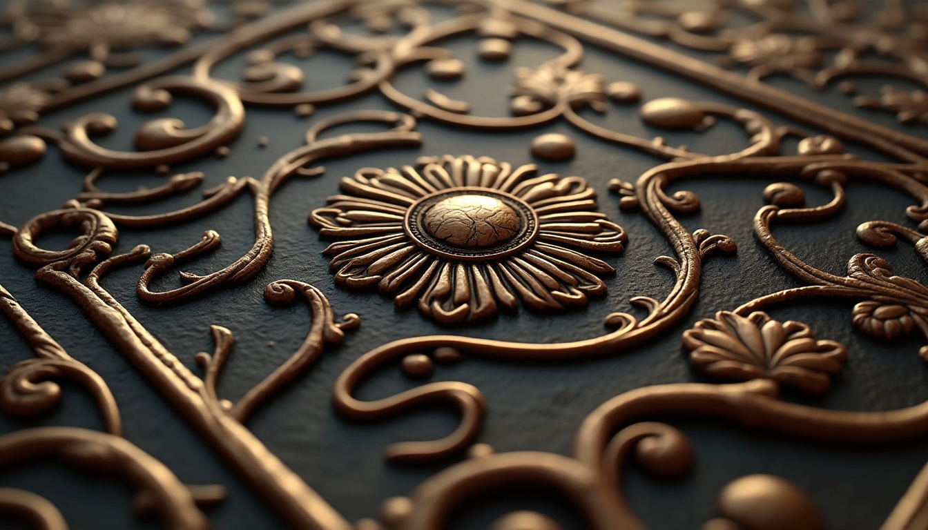 Prompt: Art Nouveau style, ornate decoration, intricate patterns, organic forms, flowing curves, luxurious feel, sand-casted materials, bronze, copper, brass, textured surface, metallic sheen, intricate details, Victorian era influence, elegant lines, natural motifs, floral patterns, vines, leaves, flowers, abstract shapes, curvilinear forms, 3D rendering, high contrast lighting, warm color palette, vintage ambiance, antique feel, close-up shot, macro photography, shallow depth of field.