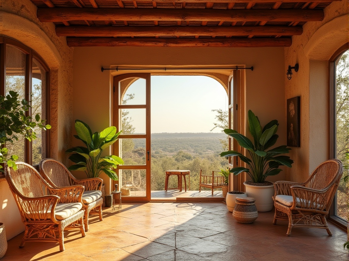 Prompt: Savanna style, fire brick color, warm beige walls, earthy tone floor, natural wood furniture, woven rattan chairs, potted green plants, large windows, panoramic view, bright sunlight, soft warm lighting, cozy atmosphere, 3/4 composition, shallow depth of field, rustic decoration, African-inspired patterns.