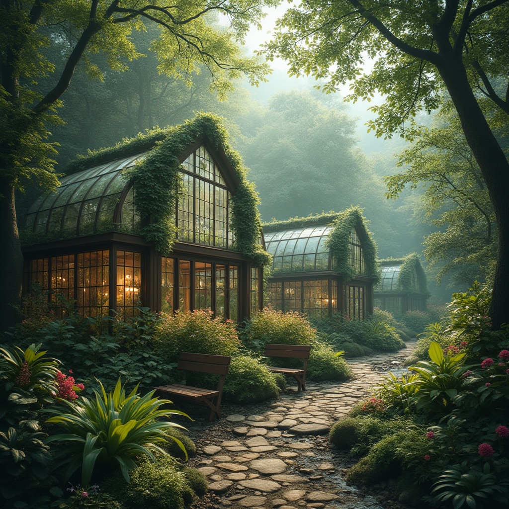 Prompt: Majestic forest, integrating modern greenhouses, lush trees surrounding, vines crawling up glass walls, intricate wooden frames, transparent roofs, natural light pouring in, vibrant flowers blooming inside, exotic plants thriving, misty atmosphere, warm ambient lighting, soft focus, 3/4 composition, panoramic view, serene backdrop, gentle stream flowing nearby, forest floor covered with leaves, ferns and wildflowers, rustic stone path leading to entrance, wooden benches surrounded by foliage.