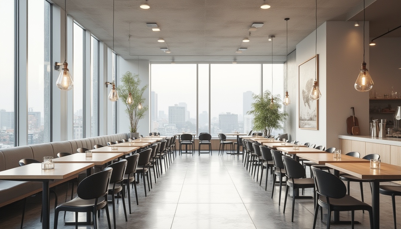 Prompt: Modern dining hall, minimalist Bauhaus style, geometric shapes, clean lines, industrial materials, metal chairs, wooden tables, glass pendant lights, marble floors, white walls, large windows, natural light, urban landscape view, 3/4 composition, low-angle shot, softbox lighting, warm atmosphere, functional simplicity, decorative minimalism.