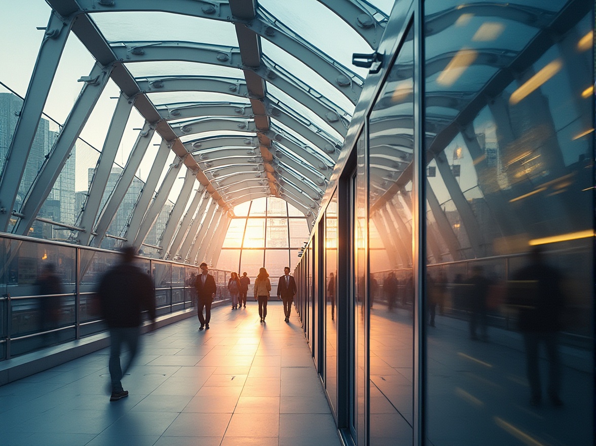 Prompt: Modern tram station, steel-framed structure, sleek lines, metallic texture, silver color, glass roof, natural light pouring in, urban setting, cityscape background, people walking, blurred motion, rush hour atmosphere, evening time, warm lighting, soft focus, shallow depth of field, abstract composition, modern architecture, futuristic feel, clean lines, minimal decorations, functional design.