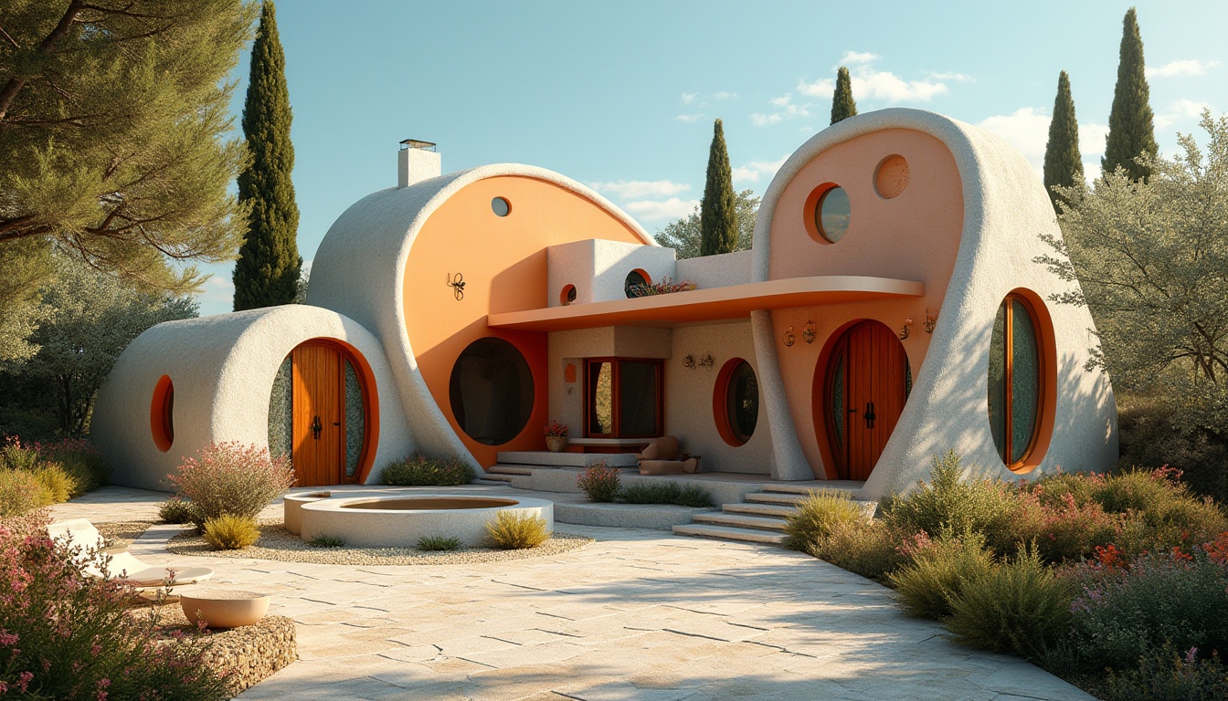 Prompt: Villa, postmodernism style, luxurious, eclectic, playful, whimsical, irregular shape, bold color, mix material, stone wall, wooden door, stained glass window, curved line, asymmetrical composition, Mediterranean landscape, cypress trees, blooming flowers, sunny day, warm lighting, shallow depth of field, cinematic mood, artistic expression.