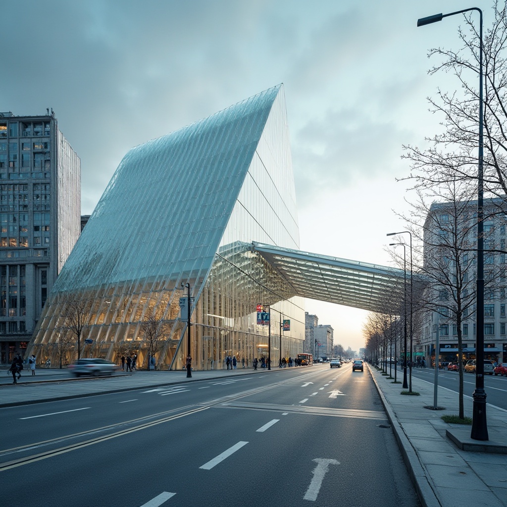 Prompt: Bus station, modern architecture, glass-like material, fibreglass, gleaming surface, natural light reflection, durability, low maintenance, corrosion resistance, weather resistance, urban setting, cityscape, busy streets, pedestrian traffic, bus lanes, steel frames, glass panels, transparent roof, angular structure, geometric shapes, minimalist design, clean lines, futuristic ambiance, softbox lighting, 3/4 composition.