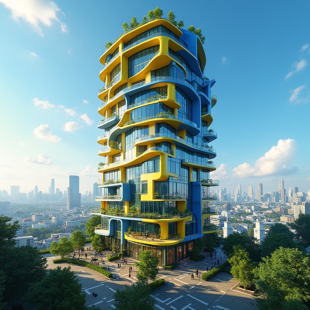 Prompt: Vibrant modern skyscraper, urban cityscape, sunny day, blue sky with few white clouds, warm natural light, bold colorful accents on building facade, bright yellow, deep blue, and vibrant green hues, glass and steel structure, sleek lines, dynamic shapes, rooftop garden with lush greenery, outdoor seating area, people socializing, relaxed atmosphere, shallow depth of field, wide-angle shot, cinematic composition, high contrast, HDR.