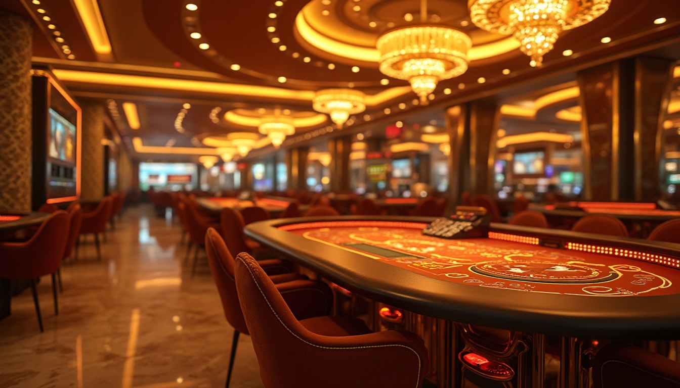 Prompt: Warm amber lights, futuristic high-tech casino, luxurious atmosphere, golden metallic decorations, sleek lines, neon accents, glowing buttons, intricate circuit patterns, high-stakes poker table, elegant chandeliers, polished marble floors, ambient warm glow, soft focus, cinematic composition, 3/4 shot, shallow depth of field, rich textures.