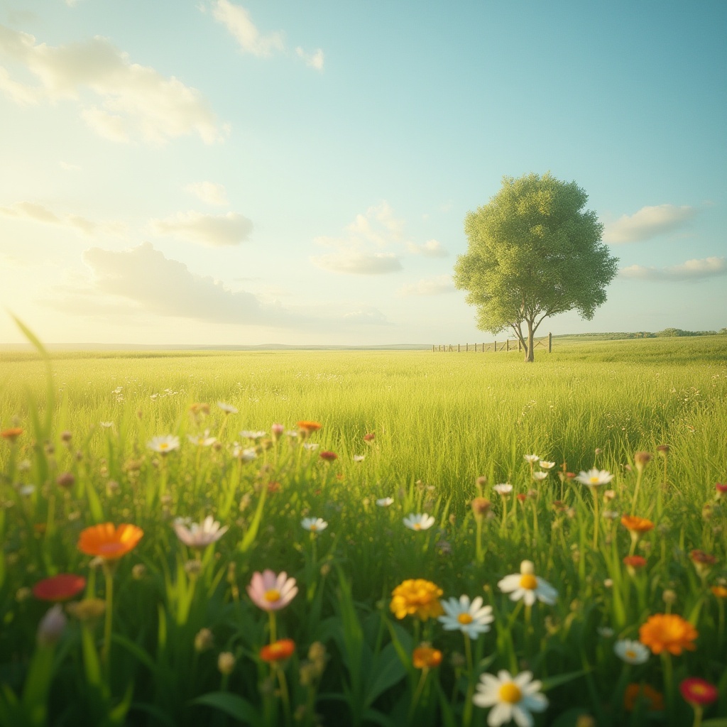 Prompt: Serenity grassland scene, vast open space, warm sunlight, few fluffy white clouds, gentle breeze, wildflowers blooming in vibrant colors, tall green grass swaying softly, a lone tree standing in the distance, natural wooden fence in the background, soft focus on the foreground, shallow depth of field, warm and soft ambient lighting, cinematic composition, peaceful atmosphere.