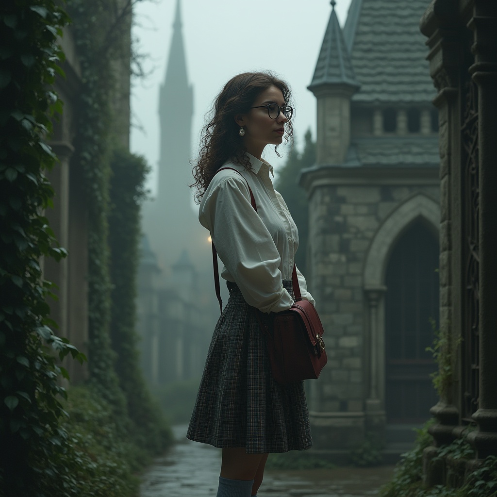 Prompt: Mysterious academic lady, solo, (25yo), curly brown hair, glasses with thick black frames, elegant makeup, pearl earrings, white blouse, plaid skirt, knee-high socks, loafers, bookbag, standing, watching, towers, Gothic architecture, intricate stone carvings, ivy-covered walls, misty atmosphere, mysterious lighting, foggy background, cinematic composition, 3/4 view, soft focus.