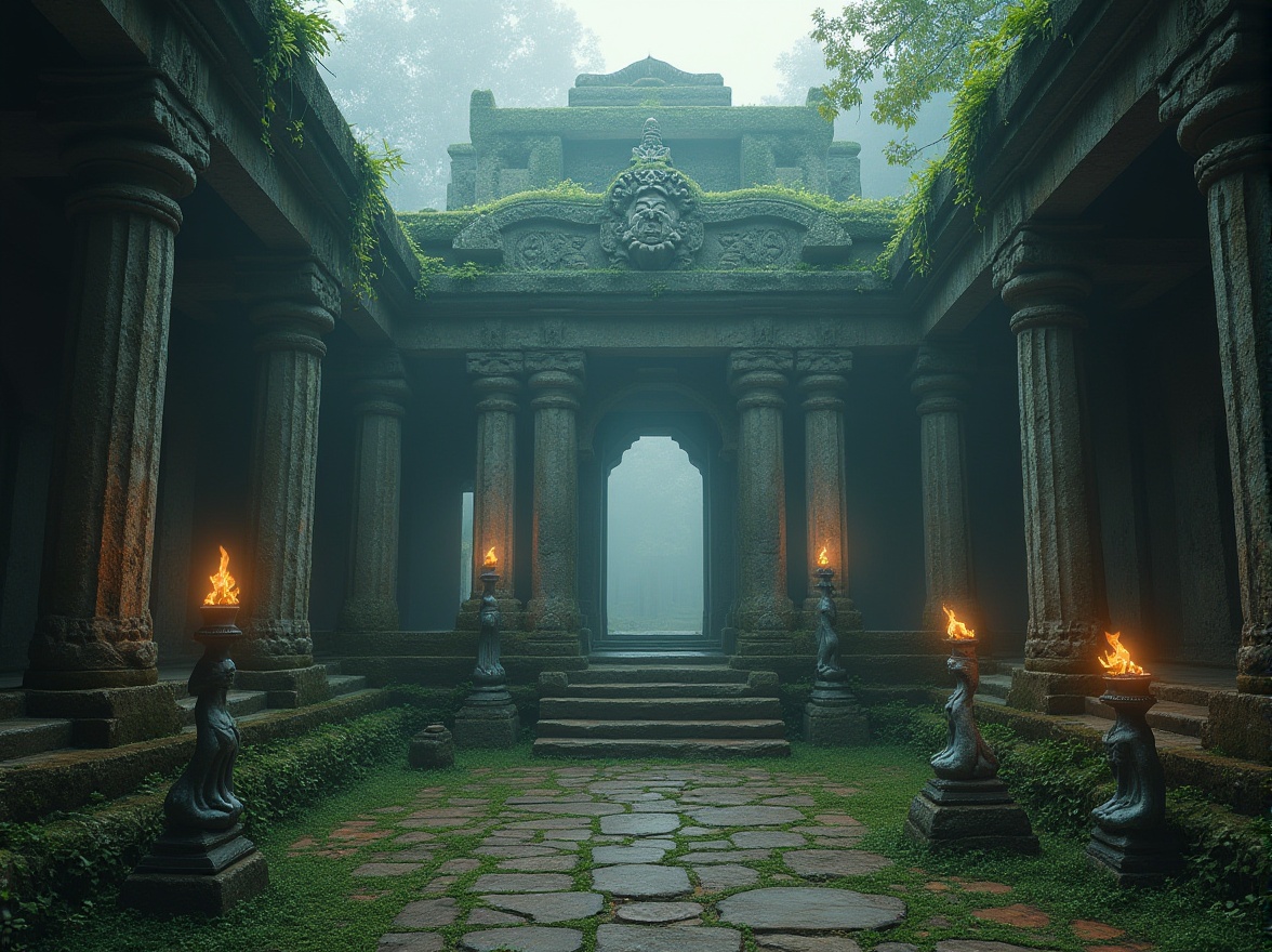 Prompt: Ancient ruin, mysterious temple, stone structures, intricate carvings, moss-covered walls, vines entwined columns, majestic entrance, stone statues, torches, misty atmosphere, foggy morning, warm lighting, low-angle shot, dramatic composition.