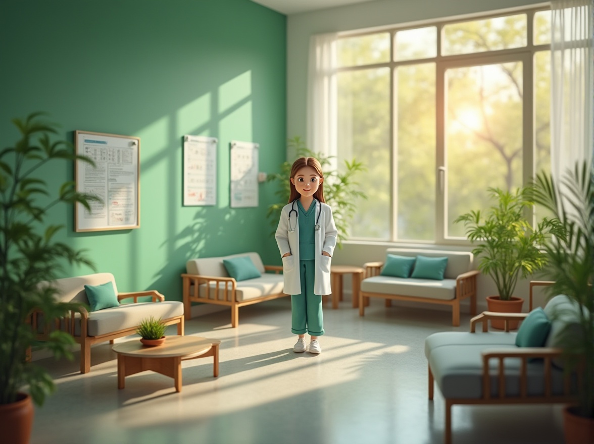 Prompt: Calming hospital interior, green accent wall, natural plants, wooden furniture, soft cushions, gentle nurse, smiling doctor, stethoscope around neck, medical charts on wall, large windows, outdoor garden view, sunny afternoon, warm soft lighting, shallow depth of field, peaceful atmosphere, horizontal composition.