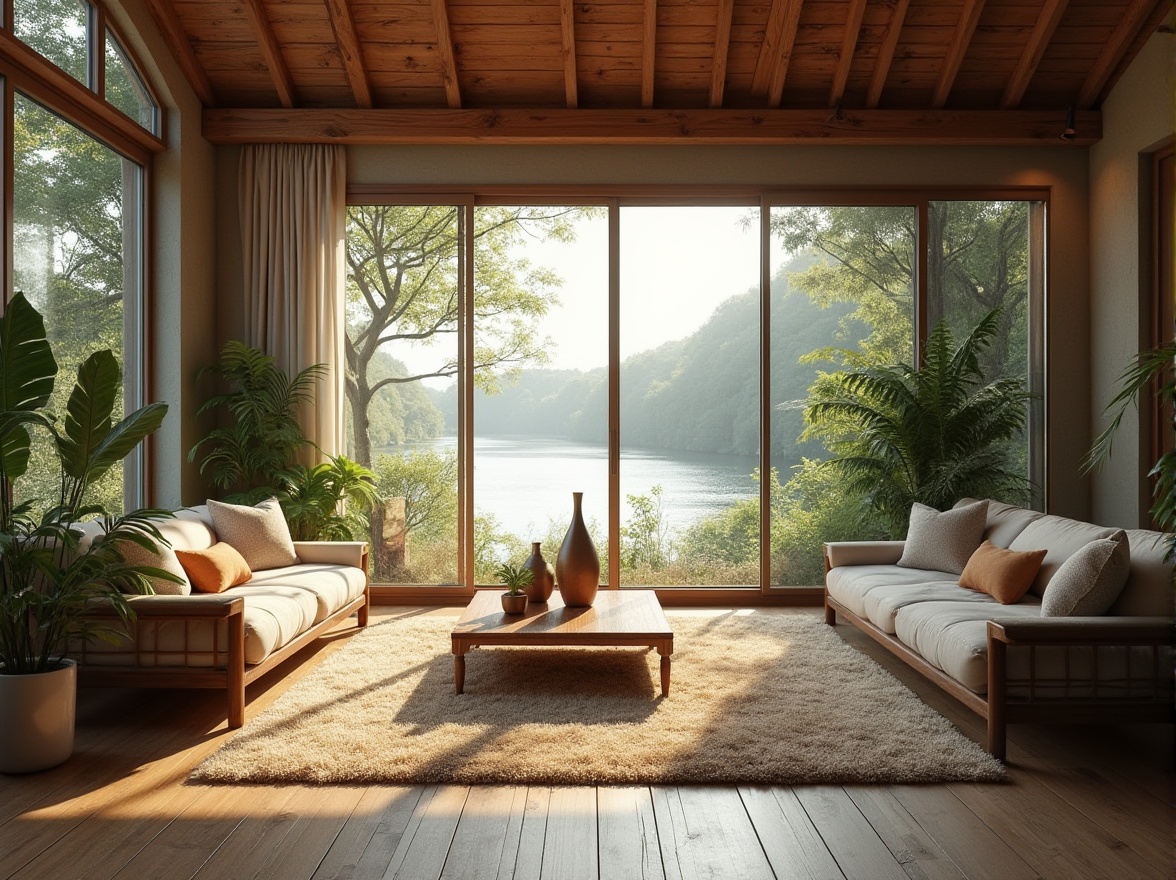 Prompt: Riverbank-inspired living space, cozy atmosphere, large windows overlooking serene river views, natural light pouring in, wooden flooring, soft beige carpet, comfortable sofas, greenery plants, wooden coffee table, rustic vases, warm lighting, gentle breeze, water sound effects, scenic riverbank background, 3/4 composition, cinematic ambiance, depth of field.