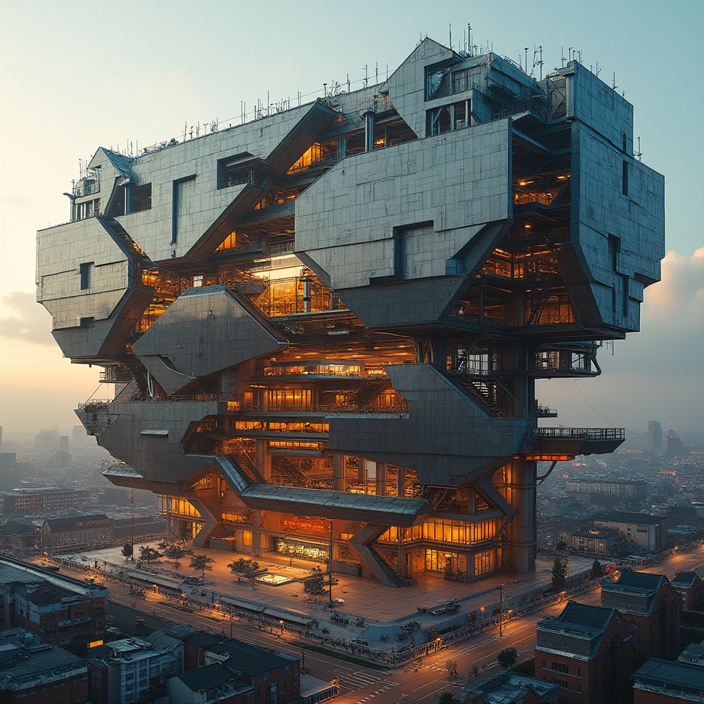 Prompt: Futuristic stadium, postmodern architecture, irregular shape, fragmented façade, deconstructivist design, bold color scheme, neon lights, abstract sculpture, massive steel beams, cantilevered upper decks, dynamic curves, clashing geometric shapes, complex layering, brutalist concrete columns, urban landscape, cityscape, metropolitan background, dramatic low-angle shot, warm golden lighting, 3/4 composition, cinematic atmosphere, abstract expressionism.