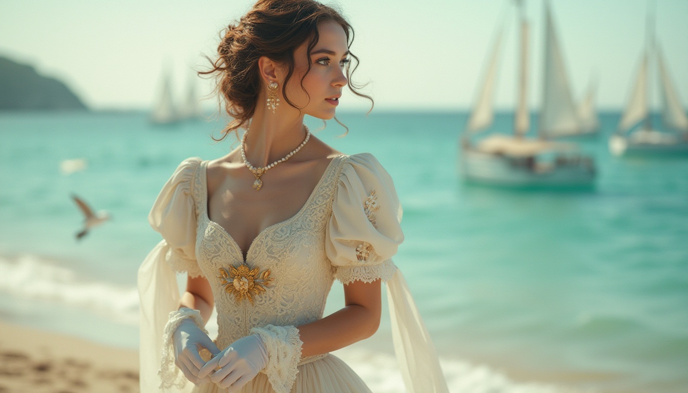 Prompt: Elegant lady, renaissance style, coastal scenery, wavy curly brown hair, pearl necklace, white lace gloves, flowing silk gown, intricate embroidery, golden brooch, parasol, standing, beach, Mediterranean Sea, clear turquoise water, sailboats, seagulls flying, soft ocean breeze, warm sunlight, 3/4 composition, shallow depth of field, cinematic lighting, vintage filter.