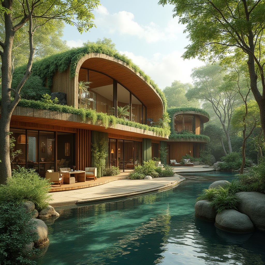 Prompt: Organic architecture, case studies, successful projects, green buildings, sustainable design, curvaceous lines, natural materials, wood accents, living walls, lush vegetation, modern villas, eco-friendly homes, bamboo structures, earthy tones, water features, serene atmosphere, warm lighting, 3/4 composition, panoramic view, ambient occlusion, high dynamic range.