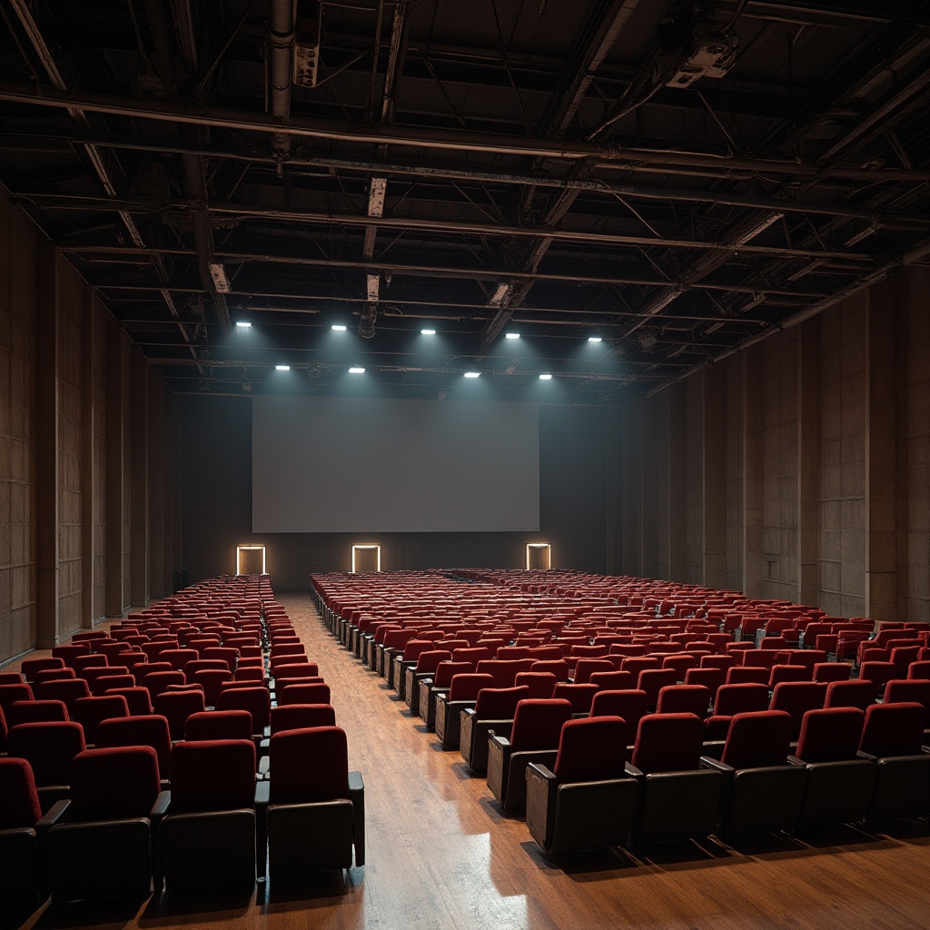 Prompt: Modern auditorium interior, steel beams, exposed ceiling, minimalist design, sleek lines, industrial chic, urban atmosphere, rows of comfortable seats, polished wooden floors, spotlights shining down, dramatic shadows, evening ambiance, warm tone lighting, 3/4 composition, wide-angle lens, high contrast ratio.