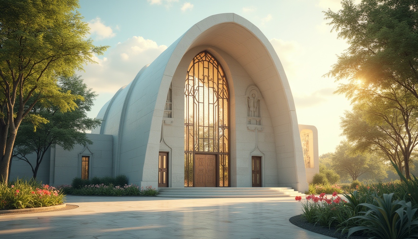 Prompt: Streamlined Moderne church, morning sunlight, elegant curves, minimalist architecture, white stone walls, stained glass windows, intricate geometric patterns, ornate metal doors, subtle lighting, peaceful atmosphere, lush greenery surrounding, vibrant flowers blooming, few worshipers praying quietly, soft focus, cinematic composition, shallow depth of field, warm color tone, natural texture.