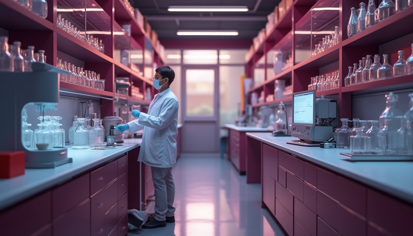 Prompt: Modern laboratory, plum color accents, sleek metal equipment, futuristic machines, transparent glass containers, rows of wooden shelves, subtle warm lighting, soft focus, 3/4 composition, shallow depth of field, scientist in white coat, gloves, goggles, holding pipette, standing near central workstation, plum-colored walls, flooring, and cabinets, minimal decorations, clean lines, industrial chic, realistic textures.