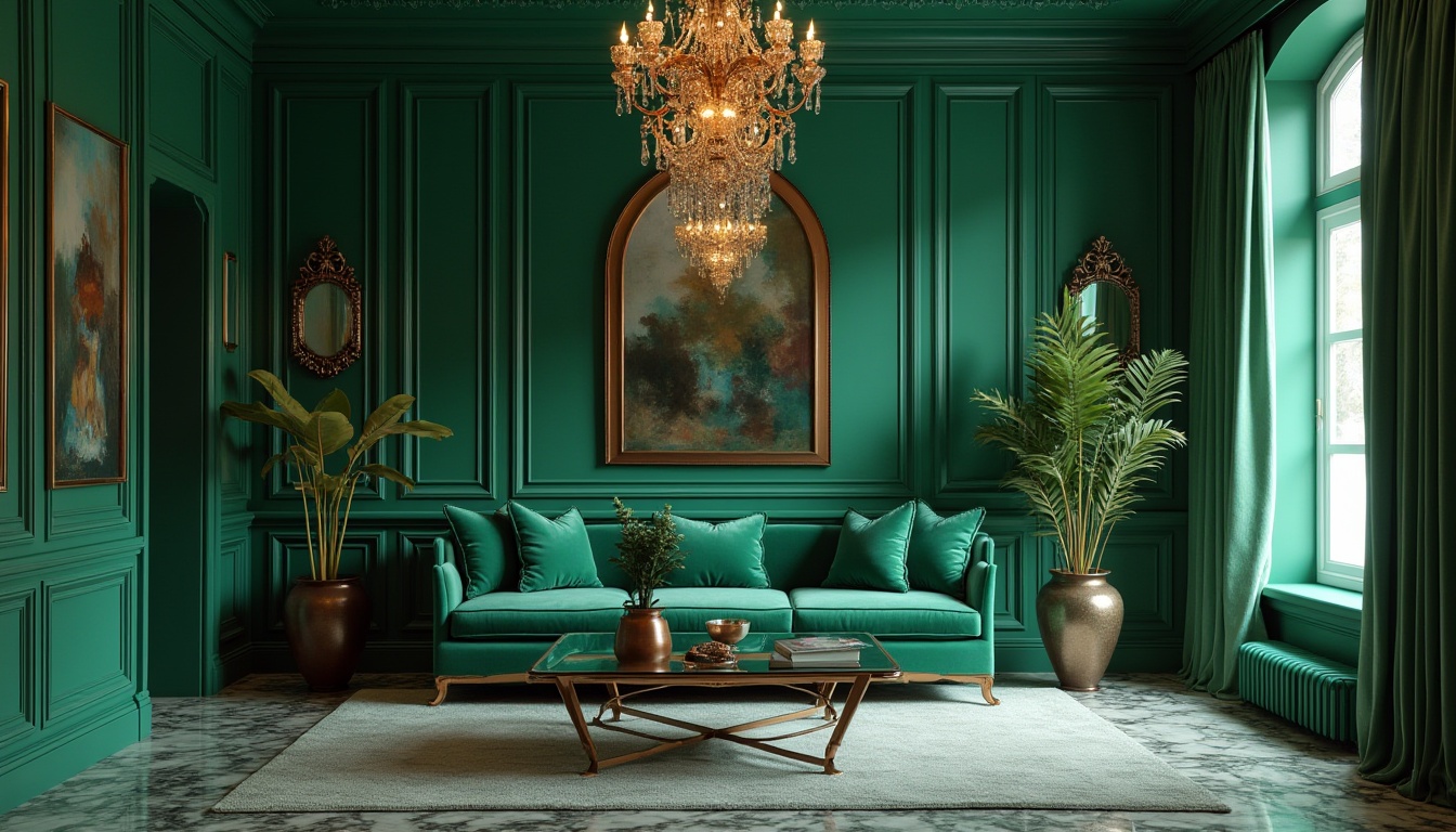 Prompt: Malachite-inspired interior, luxurious living room, emerald green walls, velvet sofa, copper accents, ornate mirror frames, crystal chandelier, lavish curtains, marble flooring, modern abstract art pieces, decorative vases, exotic plants, atmospheric lighting, 3/4 composition, soft focus, warm tone, cinematic ambiance.