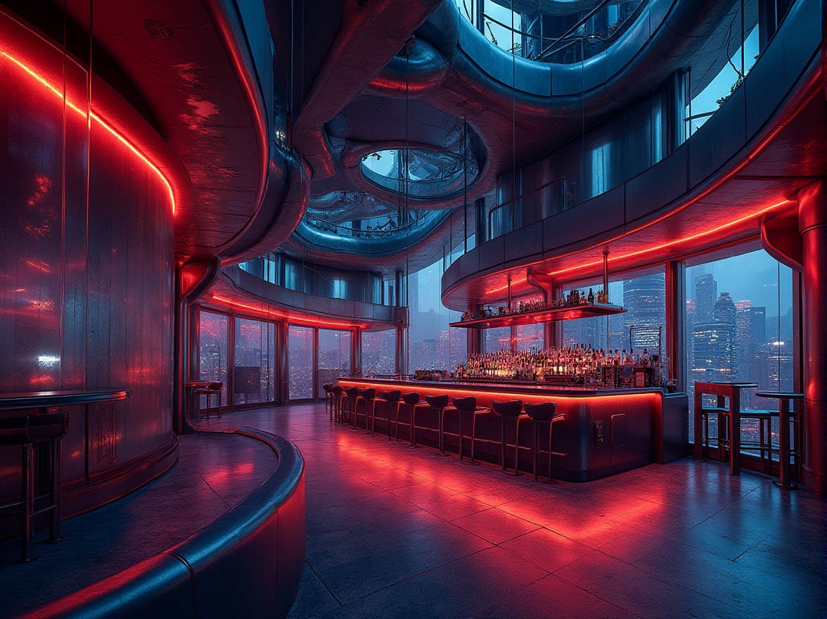 Prompt: Bar constructivism, abstract architecture, futuristic setting, neon lights, metallic surfaces, transparent plastic walls, reflective floors, angular lines, geometric shapes, 3D printing, urban landscape, cityscape, skyscrapers, nightlife, dark tone, high contrast, dramatic lighting, low-angle shot, wide-angle lens.