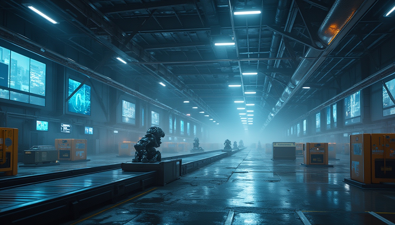 Prompt: Futuristic distribution center, high-tech style, industrial robots, steel beams, LED lights, glass walls, minimalist decor, sleek lines, modern architecture, urban landscape, cityscape at night, neon lights reflecting off wet asphalt, misty atmosphere, fog machines, conveyor belts, crates, boxes, futuristic containers, metallic surfaces, holographic displays, digital screens, robotic arms, mechanical details, angular composition, low-angle shot, dramatic lighting, cinematic mood.