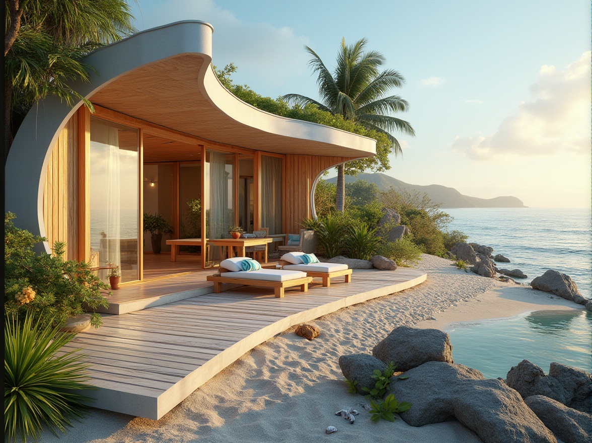 Prompt: Beachside, sustainable design, eco-friendly architecture, modern villa, curved lines, green roof, solar panels, large windows, sliding glass doors, wooden decks, recycled plastic furniture, coastal plants, palm trees, beach towels, surfboards, seashells, driftwood, ocean view, warm sunset lighting, panoramic view, 3/4 composition, shallow depth of field, soft natural colors, calming atmosphere.