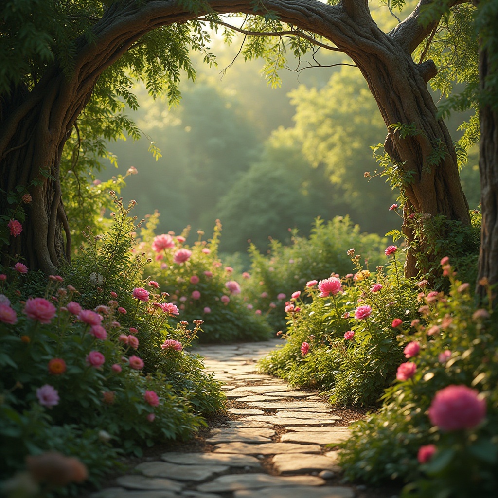 Prompt: Nature-inspired design, integrating surroundings, botanical garden, flowers blooming in vibrant colors, lush greenery, intricate branches, wooden accents, earthy tones, natural textures, organic shapes, curved lines, whimsical details, sunlight filtering through leaves, warm ambient lighting, soft focus, 3/4 composition, shallow depth of field, dreamy atmosphere, serene backdrop.