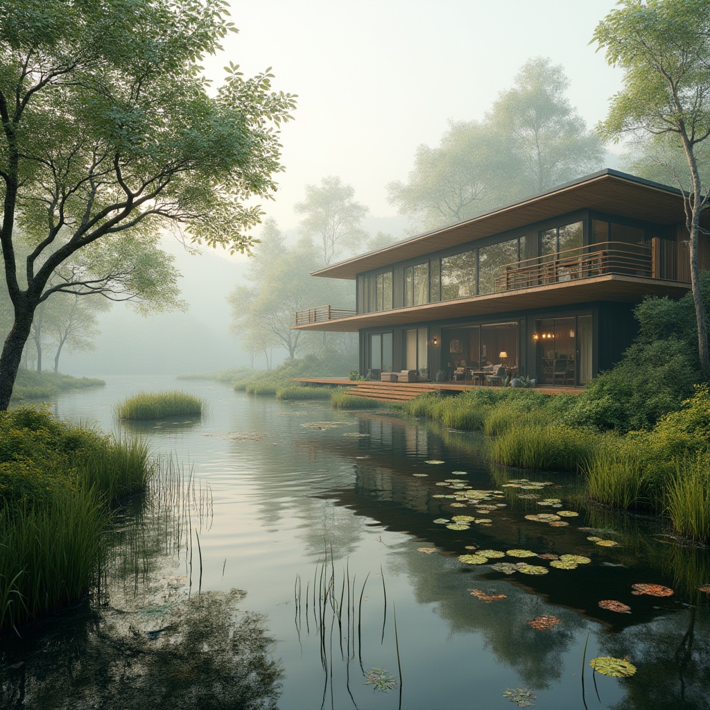 Prompt: Ecological architecture, modern villa, harmonious integration, wetland environments, serene lake, misty morning, lush greenery, water lilies, cattails, wooden decking, rustic railings, natural materials, earthy tones, floor-to-ceiling windows, panoramic view, 3/4 composition, soft diffused lighting, warm ambient atmosphere, peaceful coexistence with nature.