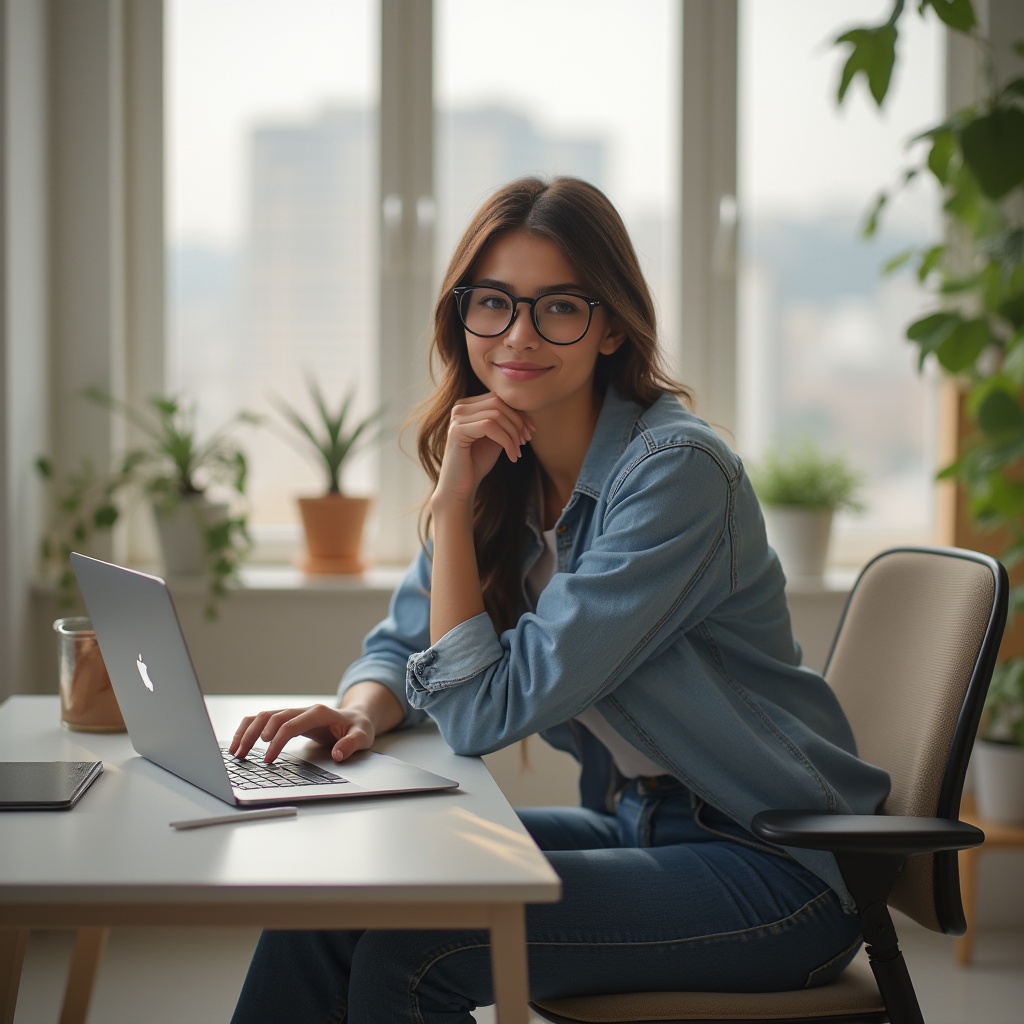 Prompt: Modern designer, minimalistic style, sitting at desk, creative workspace, Macbook Pro, Apple Pencil, ergonomic chair, plants on shelf, large window with city view, blurred background, beautiful detailed hair, trendy glasses, casual wear, denim shirt, skinny jeans, sneakers, relaxed posture, hand on chin, thinking pose, morning light, soft shadows, shallow depth of field, pastel color tone, Scandinavian interior design style.