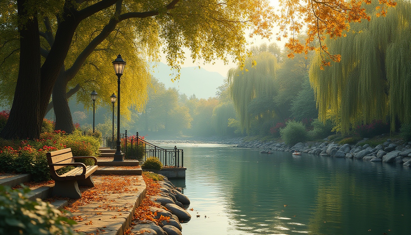 Prompt: Riverbank, peaceful atmosphere, lush greenery, wooden bench, modern street lamps, iron railings, gentle river flow, stone steps, natural rocks, fallen leaves, autumn colors, warm sunlight, soft shadows, 3/4 composition, low-angle shot, cinematic mood, vibrant flowers, weeping willows, calm water reflection, distant mountains, serene backdrop.