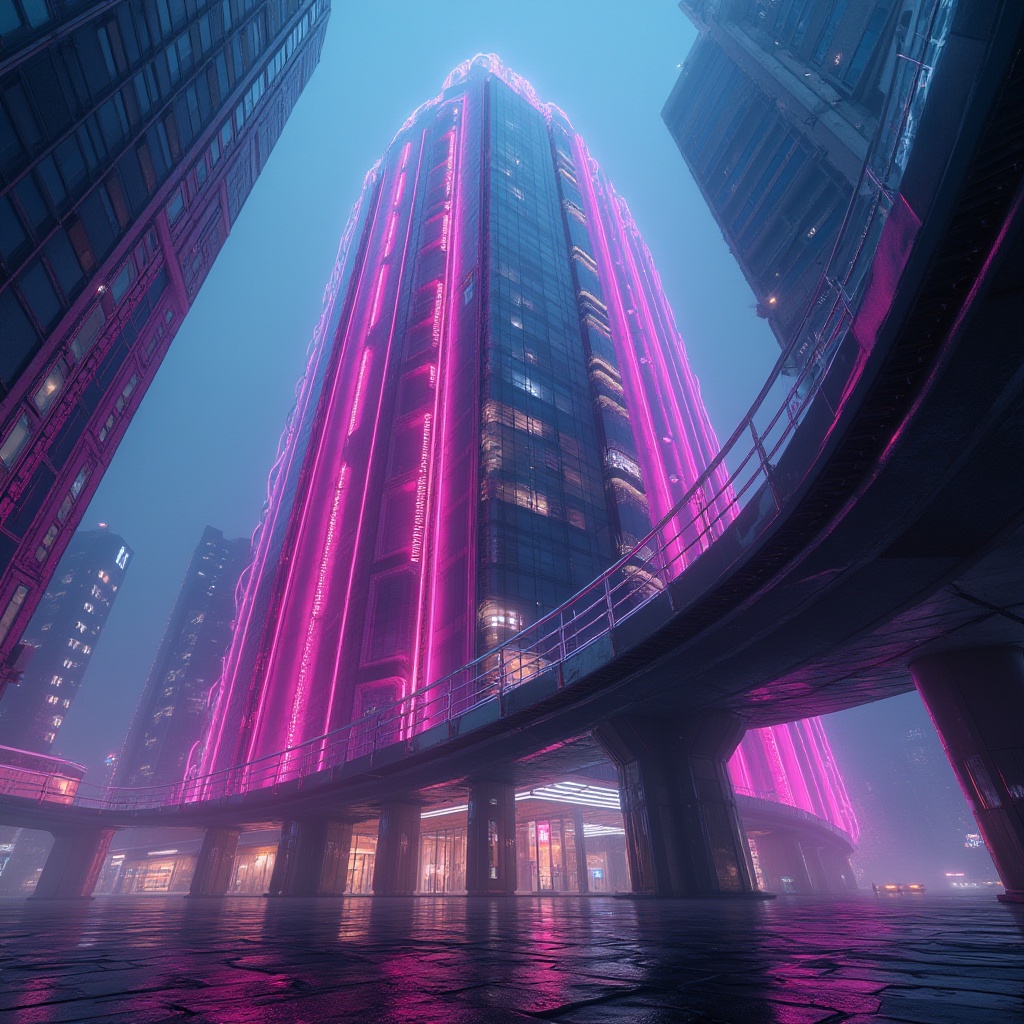 Prompt: Futuristic skyscraper, vibrant fuchsia exterior walls, neon-lit windows, metallic structures, sleek lines, modern architecture, urban cityscape, night scene, foggy atmosphere, dramatic lighting, low-angle shot, cinematic composition, bold color blocking, avant-garde style, experimental design, geometric shapes, reflective surfaces, glass and steel materials.