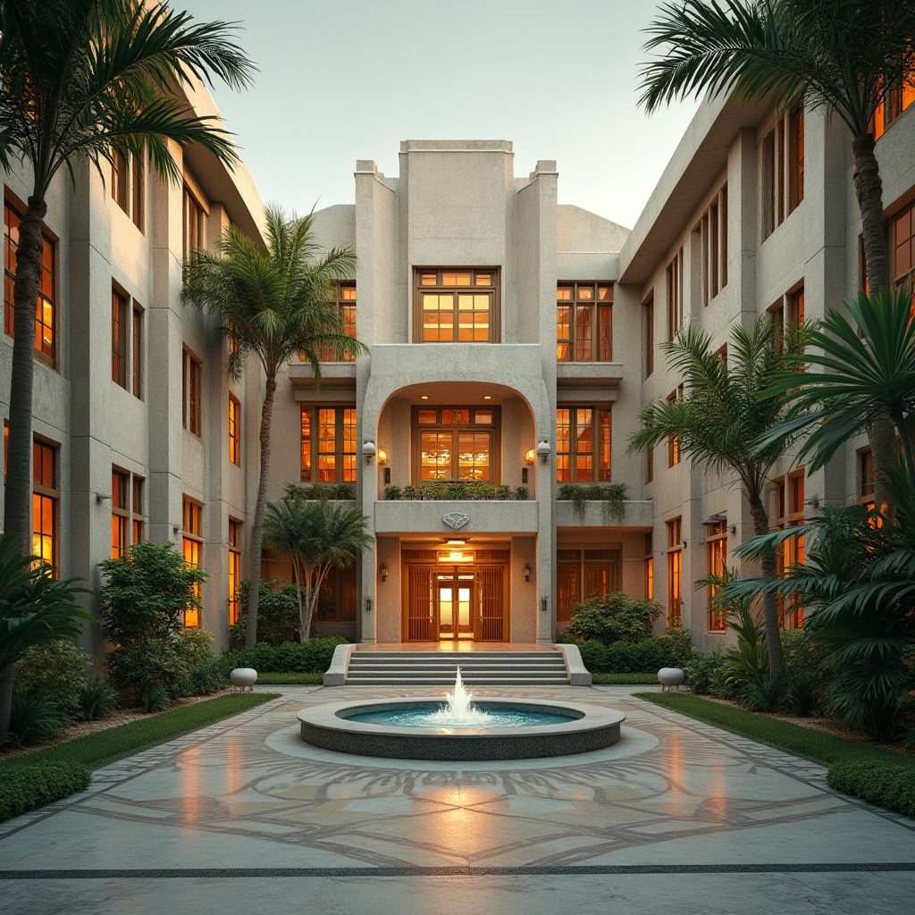 Prompt: Art Deco middle school, geometric patterns, ornate details, concrete walls, pillars, floors, stairs, railings, bold lines, vibrant colors, metallic accents, grand entrance, circular fountain, lush greenery, tropical plants, palm trees, warm lighting, 3/4 composition, low-angle shot, dramatic shadows, bold textures, intricate architecture, modernist style, brutalist elements, industrial chic, urban landscape, cityscape background.