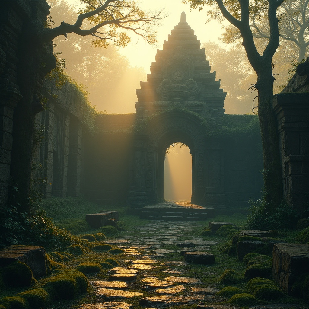 Prompt: Ancient ruins, mystical temple, stone structure, weathered stones, moss-covered walls, intricate carvings, mysterious ambiance, warm golden lighting, atmospheric fog, eerie silence, abandoned landscape, overgrown vegetation, vines crawling up the walls, ancient trees surrounding the site, misty morning, cinematic composition, 3/4 view, high contrast, dramatic shadows.