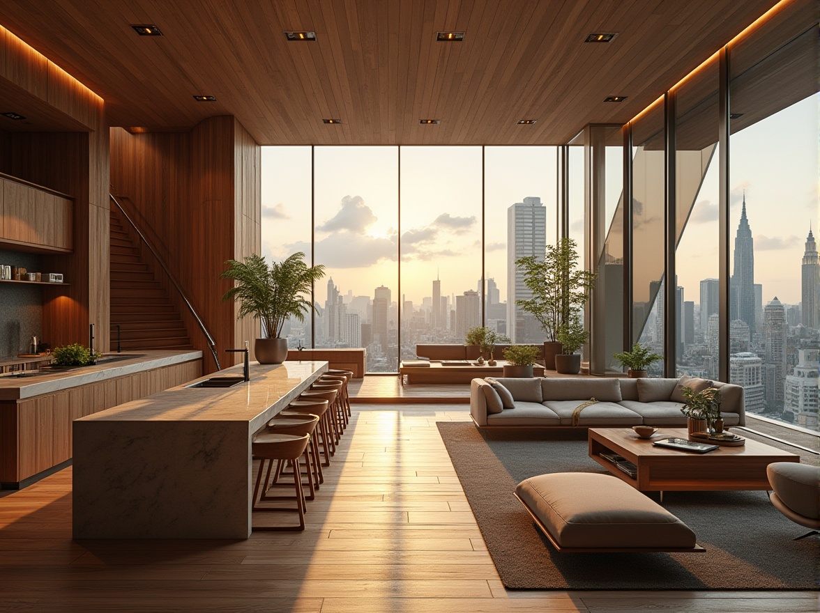 Prompt: Modern penthouse, streamline design, luxurious, incorporating bamboo material, natural texture, sustainability, eco-friendly, minimalist decoration, floor-to-ceiling windows, city skyline view, 3/4 composition, panoramic view, soft ambient lighting, warm tone, wooden floors, bamboo accents, modern furniture, sleek lines, geometric shapes, indoor plants, natural ventilation, open concept living area, kitchen island, marble countertops, high ceilings, dramatic staircases, rooftop garden, urban landscape, sunset time, warm color palette.