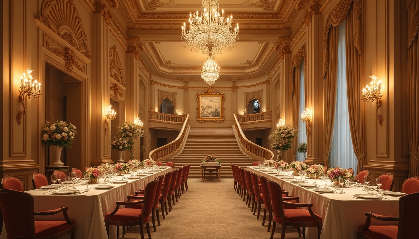 Prompt: Romanticism style dining hall, luxurious chandelier, grand staircase, sand-textured walls, golden ornate frames, velvet drapes, warm candlelight, soft beige carpet, elegant marble tables, intricately carved wooden chairs, beautiful flower arrangements, lavish centerpieces, delicate crystal glasses, fine china plates, sophisticated guests, gentle conversations, intimate ambiance, 3/4 composition, shallow depth of field, warm color palette.