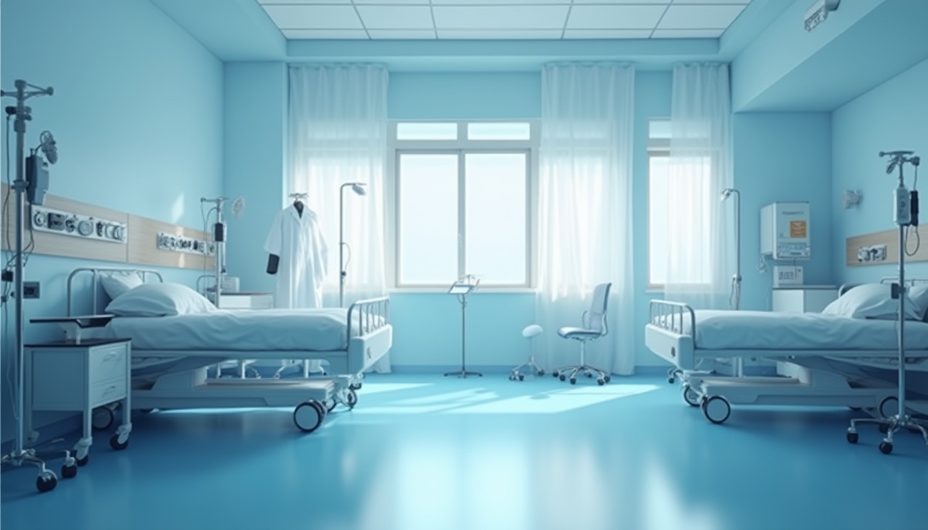 Prompt: Calming healthcare interior, blue dominant color scheme, soothing atmosphere, medical equipment, stainless steel machinery, white coats, stethoscopes, hospital beds, IV stands, subtle wood accents, gentle lighting, soft shadows, serene background, minimalistic composition, shallow depth of field, realistic rendering, natural ambient light, 3/4 view.