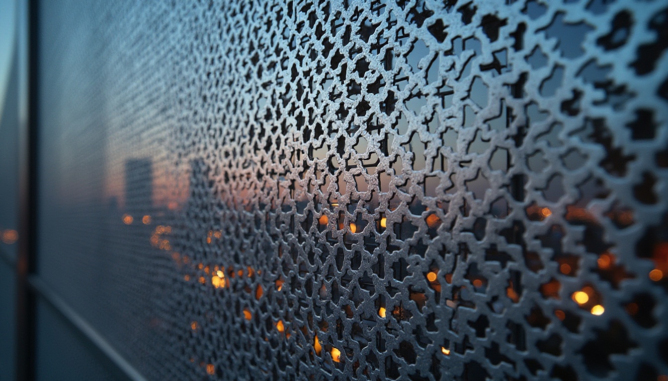 Prompt: Perforated metal, industrial design, modern architecture, urban landscape, cityscape, skyscraper, metallic latticework, intricate patterns, silver-gray tone, reflective surface, evening ambient lighting, low-angle shot, dramatic shadows, brutalist composition, abstract close-up, depth of field.