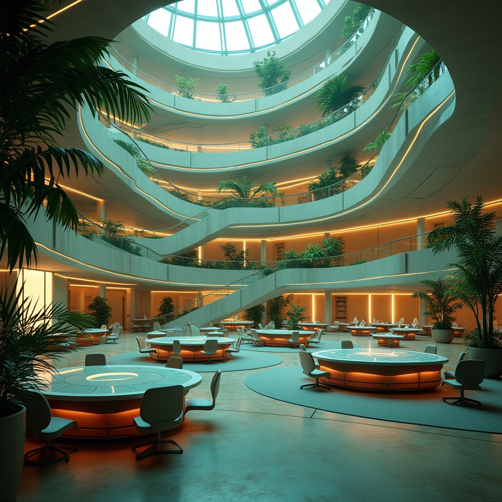 Prompt: Courthouse interior, metabolism style, futuristic architecture, sleek lines, metallic materials, neon lights, holographic displays, virtual reality pods, circular meeting tables, ergonomic chairs, minimalist decor, lush green walls, natural stone floors, abundant natural light, skylights, open atrium, curved staircases, geometric patterns, modern art installations, 3/4 composition, warm ambient lighting, soft focus.