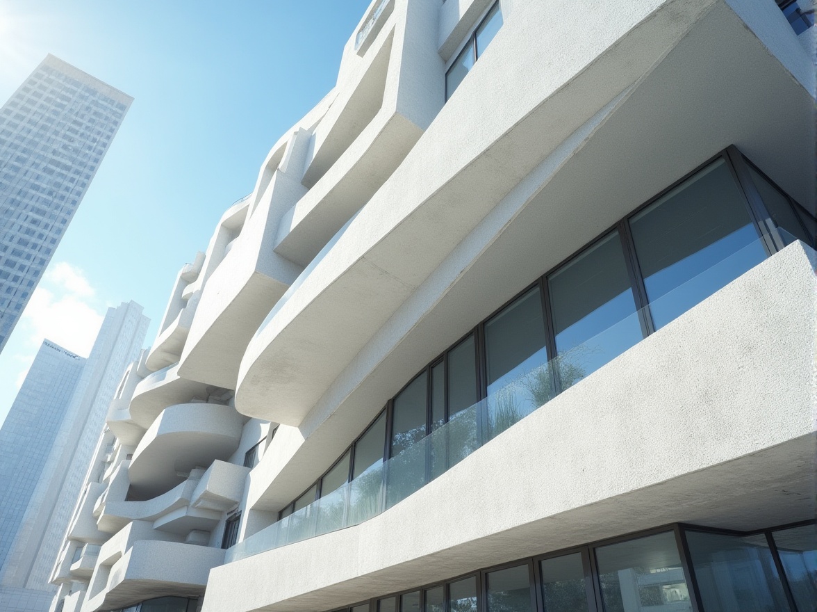 Prompt: Modern architectural design, urban skyscraper, sleek lines, geometric shapes, large windows, minimalist style, white plastered concrete walls, smooth texture, industrial chic, cityscape, sunny day, low-angle shot, dramatic shadows, abstract composition, high-contrast lighting.