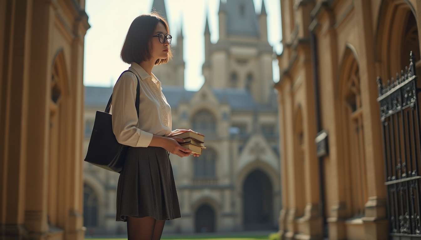 Prompt: Mature lady, solo, (28yo), elegant bob haircut, minimal makeup, glasses with thin frames, white blouse with lace details, high-waisted dark grey pleated skirt, black stockings, low-heeled pumps, book bag slung over shoulder, holding a stack of books, standing, watching towers, university campus, Gothic architecture, stone walls, stained glass windows, intricate carvings, ornate iron gates, afternoon sunlight casting long shadows, warm soft lighting, cinematic composition, 3/4 view, depth of field.