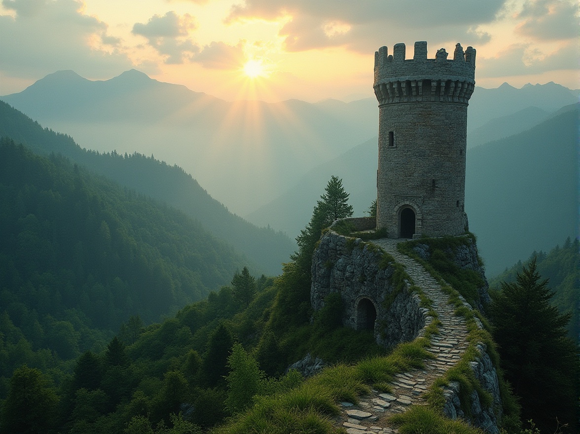 Prompt: Watching tower, medieval-inspired, stone walls, arched windows, grandeur structure, majestic architecture, situated on a hilltop, overlooking a serene valley, lush green forests, misty mountains in the distance, cloudy sky with warm sunlight, dramatic lighting, cinematic composition, 3/4 view, atmospheric perspective, sense of adventure, mysterious ambiance, ancient ruins nearby, worn stone pathways, overgrown vegetation, mystical atmosphere.