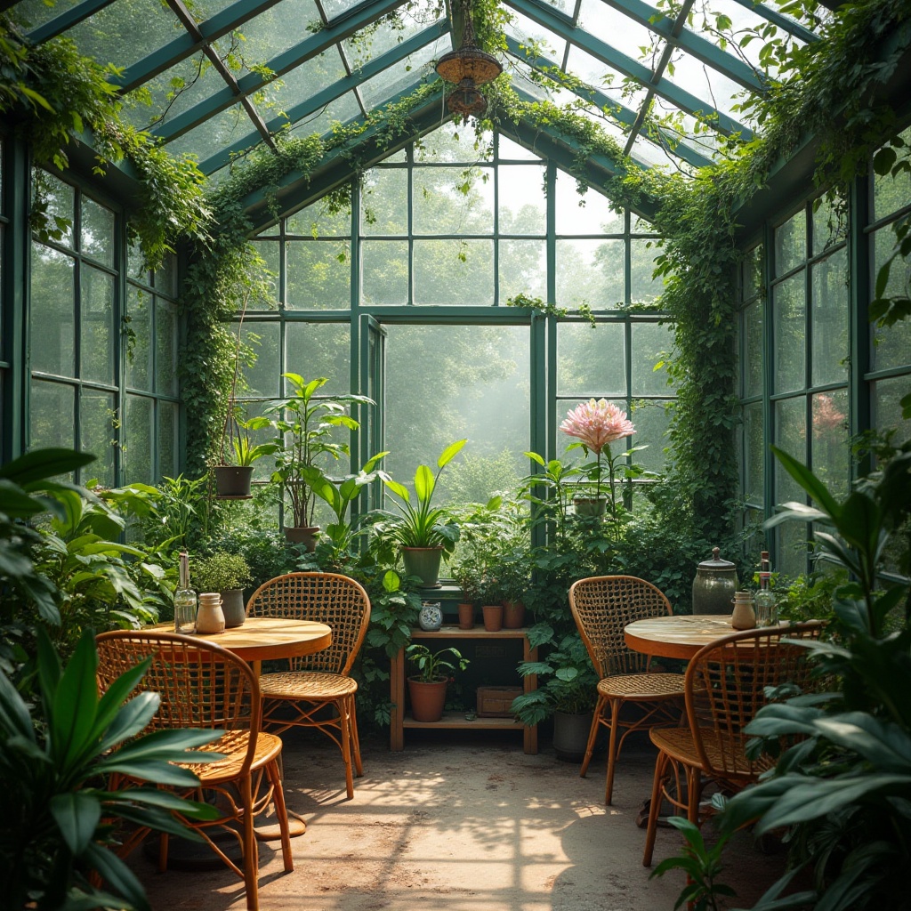 Prompt: Heliotrope color, unique greenhouse aesthetics, lush greenery, exotic plants, transparent glass walls, steel frame structure, modern minimalist decor, soft natural light, warm ambiance, cozy seating area, wooden benches, rattan chairs, vintage gardening tools, botanical prints, nature-inspired sculptures, misty atmosphere, dew-kissed leaves, intricate leaf patterns, vines crawling up walls, earthy scent, serene ambiance, 3/4 composition, soft focus, shallow depth of field.