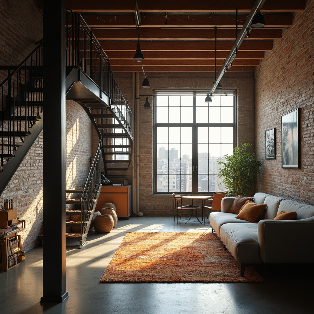 Prompt: Industrial loft, social housing, modern interior design, functional spaces, wooden beams, exposed brick walls, large windows, natural light, minimalist decor, sleek lines, open-plan living area, cozy reading nook, comfortable sectional sofa, geometric-patterned rug, metal staircase, industrial-style lighting fixtures, urban cityscape view, afternoon sunlight, soft shadows, cinematic composition, 3/4 angle shot, warm color palette.