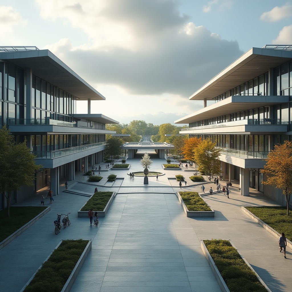 Prompt: Modern university campus, structuralist architecture, grand entrance gate, steel beams, glass facades, minimalist design, concrete pillars, open courtyard, staircases, modern sculptures, green roofs, solar panels, abstract art installations, pedestrian walkways, bike lanes, trees with fall foliage, cloudy sky, soft natural light, panoramic view, 3/4 composition.