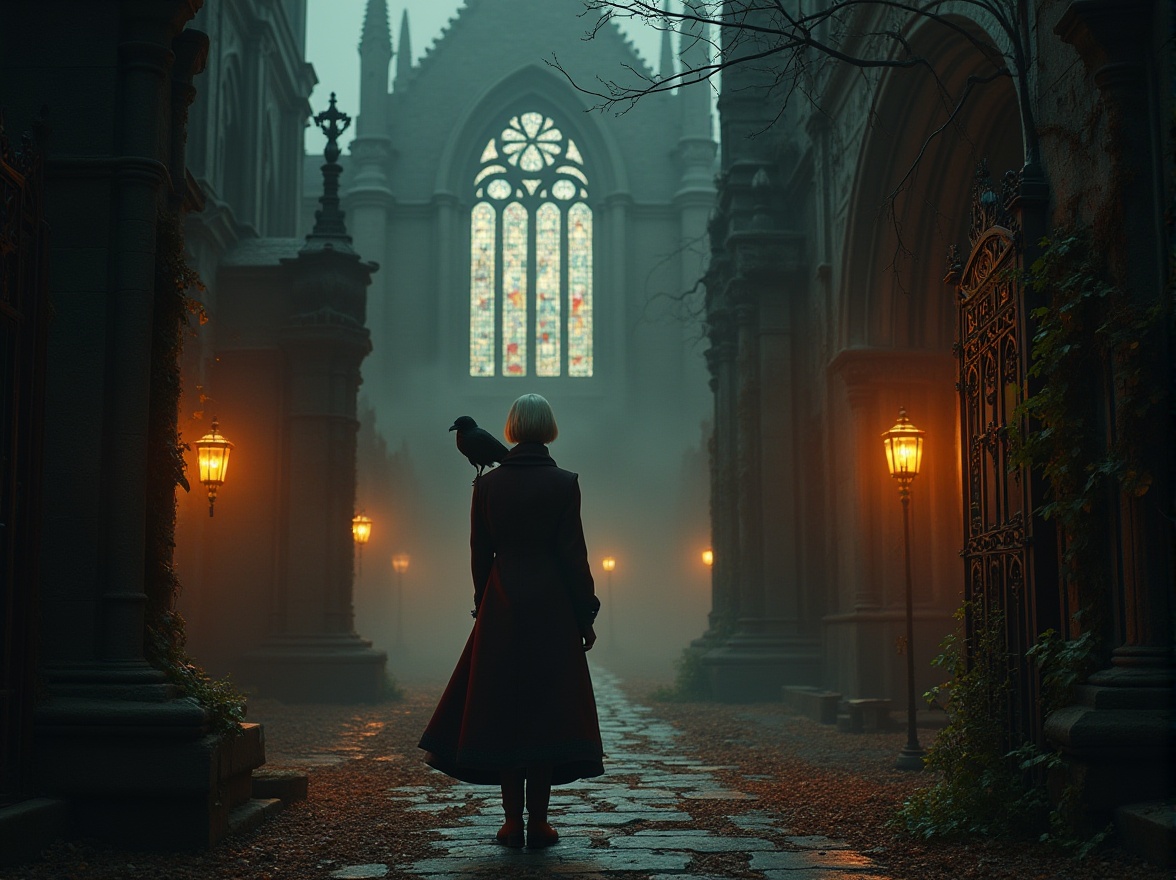 Prompt: Dark mysterious atmosphere, Ocher color palette, gothic architecture, grand cathedral, intricate stone carvings, stained glass windows, dimly lit, foggy mist, solitary figure in distance, long coat with crimson lining, pale skin, dark circles under eyes, raven perched on shoulder, ornate iron gates, overgrown ivy, mysterious shadows, dramatic spotlighting, cinematic composition, low-angle shot.