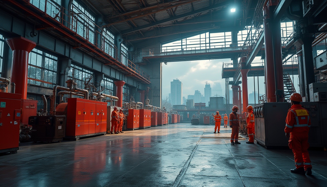 Prompt: Industrial factory, modern architecture, red accent walls, metallic beams, concrete floors, large windows, natural light, machinery equipment, pipes, valves, control panels, warning signs, safety helmets, worker uniforms, bold red stripes on uniforms, reflective vests, spotlights, overhead cranes, steel catwalks, urban background, cloudy sky, dramatic lighting, high contrast, gritty texture, cinematic composition.