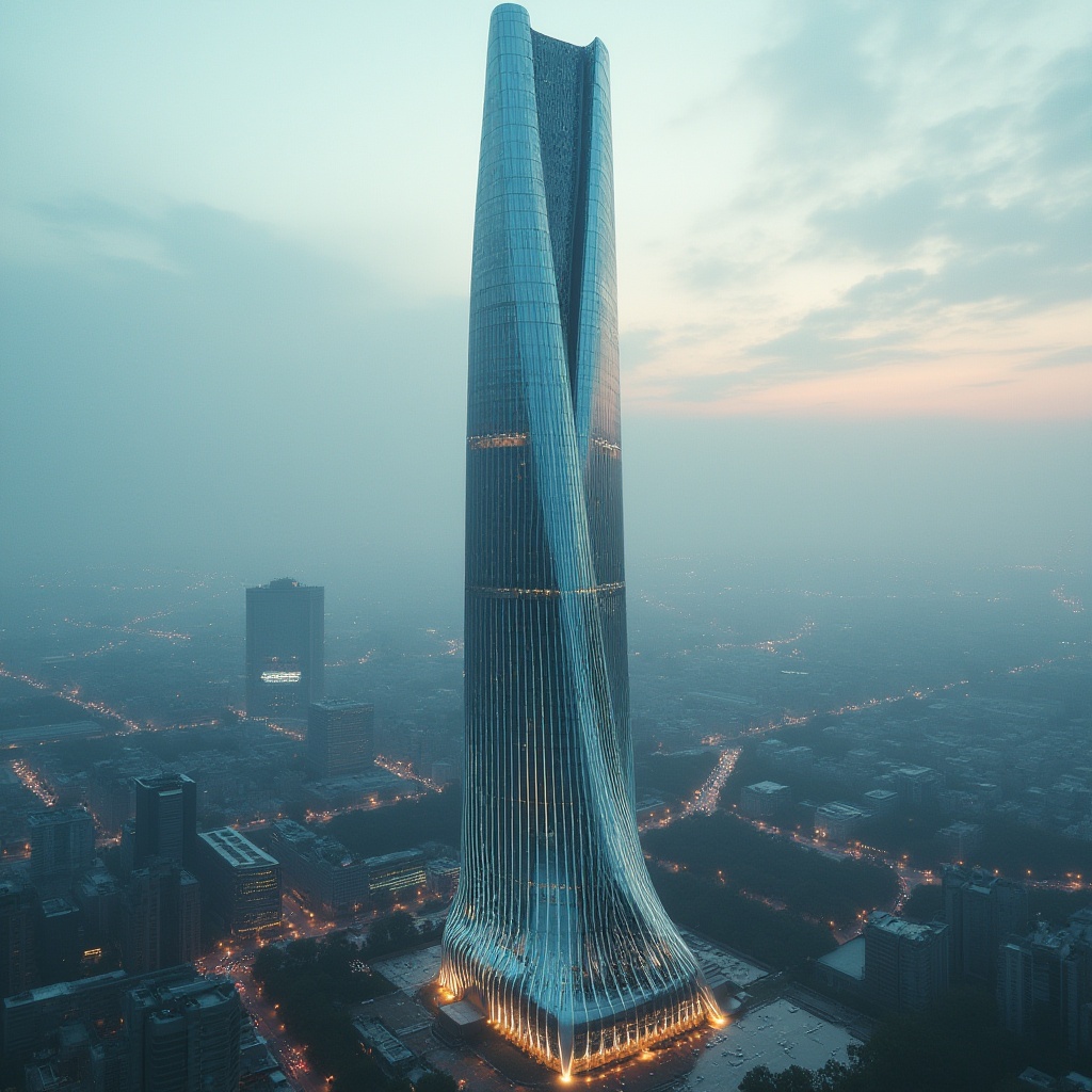 Prompt: Futuristic skyscraper, sleek metallic exterior, curved lines, neon lights, holographic advertisements, bustling cityscape, towering above, urban jungle, atmospheric fog, misty morning, panoramic view, low-angle shot, symmetrical composition, cinematic lighting, 3D printing technology, sustainable materials, green architecture, eco-friendly design, avant-garde, innovative structure.