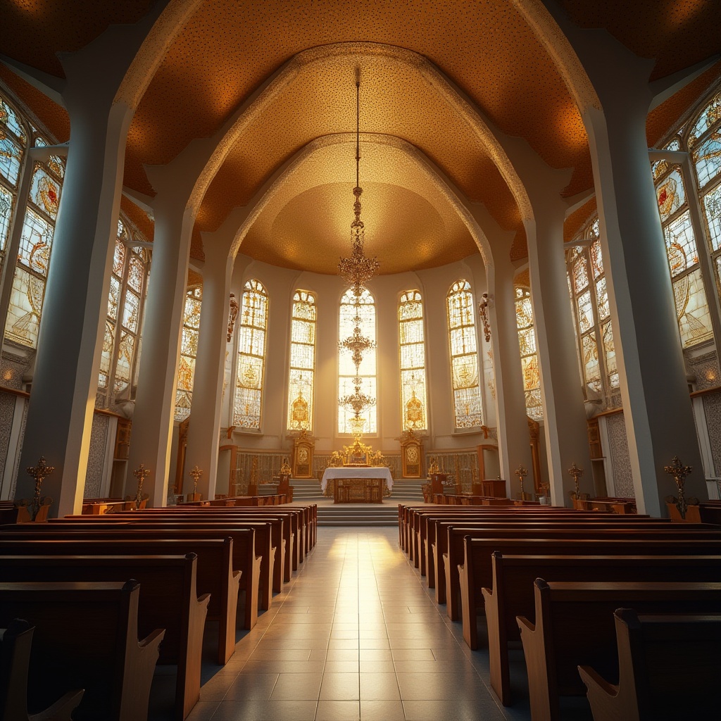 Prompt: Modern church interior, perforated metal ceiling, intricate design patterns, warm golden lighting, stained glass windows, polished wooden pews, grand altar, ornate chandeliers, subtle shadows, dramatic depth of field, 3/4 composition, atmospheric soft focus, natural daylight streaming through the windows, subtle reflections on the metal surface, contemporary architecture, spiritual ambiance.